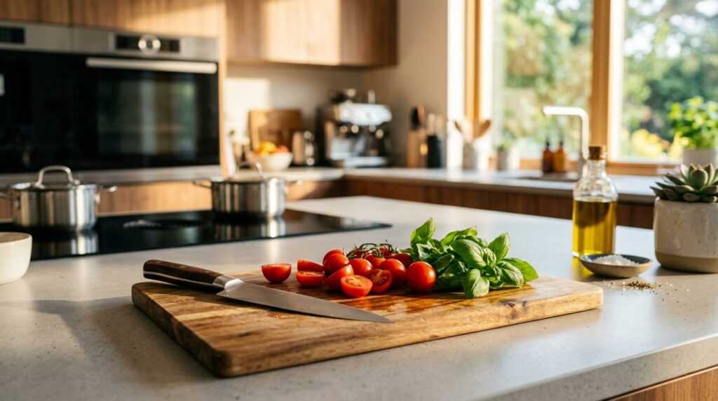 Schneidebrett Closeup in moderner Küche – Küchengeräte Test
