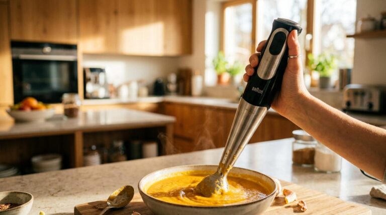 Stabmixer Test – Stabmixer Closeup mit Bokeh in moderner Küche