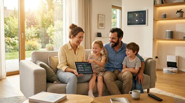 Smart Home Einsteiger Guide – Familie mit smarten Geräten im Haus