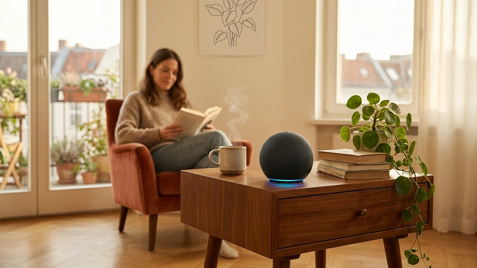 Amazon Echo Dot (5. Gen.) anthrazit auf Walnussholz-Tisch im warm beleuchteten Berliner Altbau