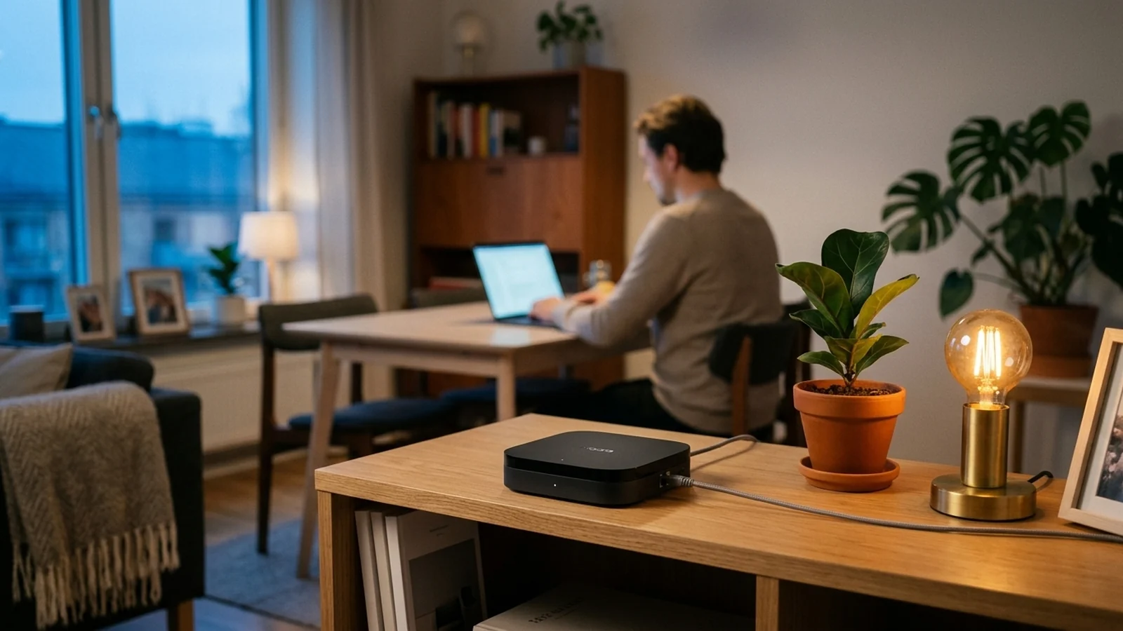 Aqara Hub M3 in mattschwarz auf hellem Eichen-Konsoltisch mit Edison-Bulb-Lampe und Pflanze — Skandi-Apartment in der blauen Stunde