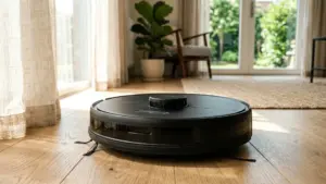 Roborock S8 Pro Ultra Saugroboter auf Eichenparkett im Wohnzimmer mit Morgenlicht