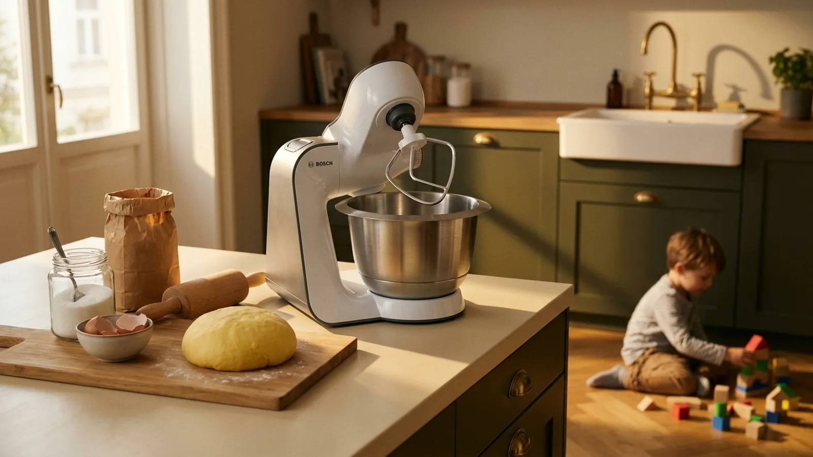 Bosch Serie 4 MUM50 Küchenmaschine in einer warm beleuchteten Münchner Familienküche