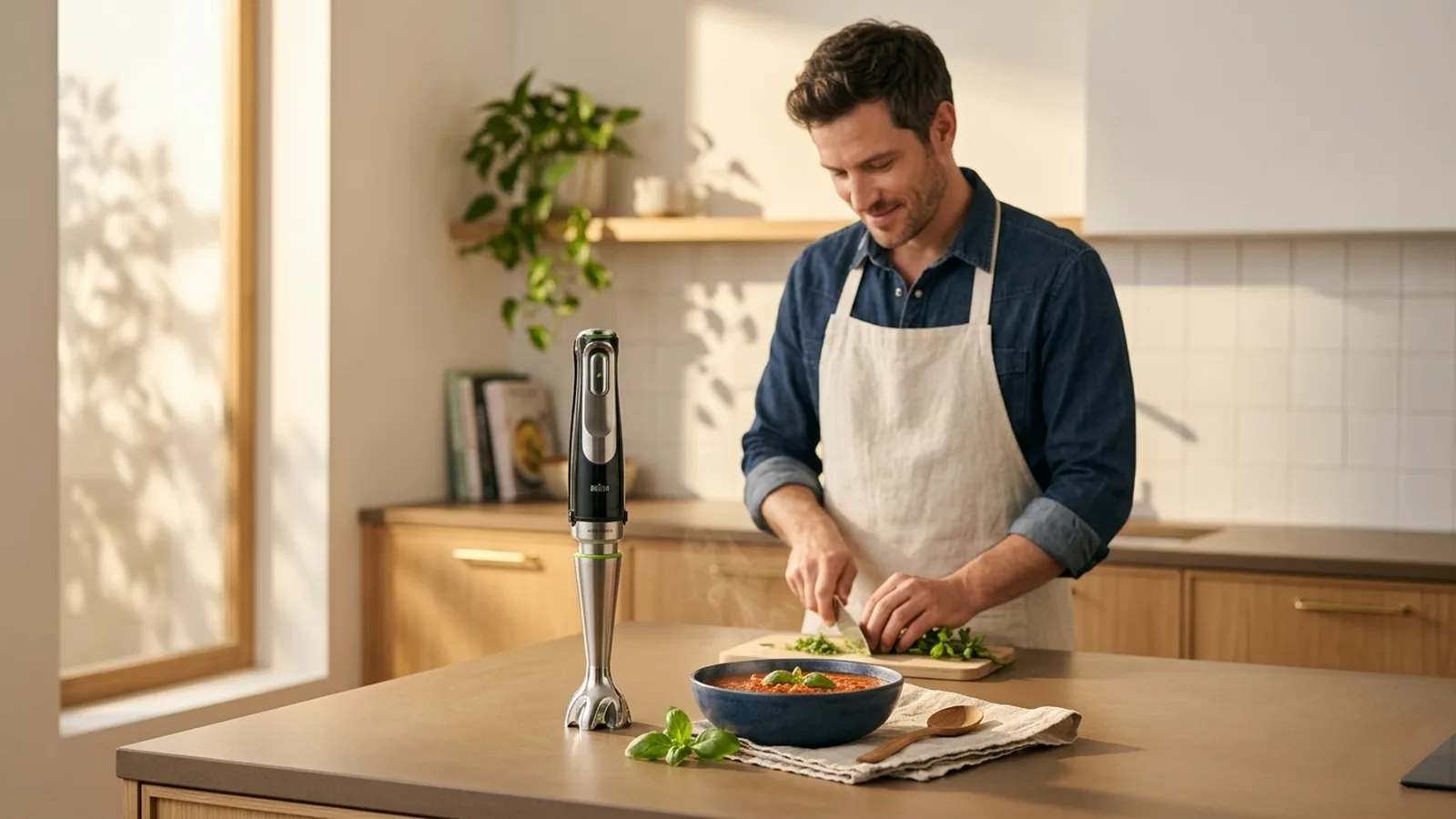 Braun MultiQuick 9 Stabmixer auf Eichen-Arbeitsplatte in heller Wohnküche, Mann mit Schürze schneidet Basilikum im Hintergrund