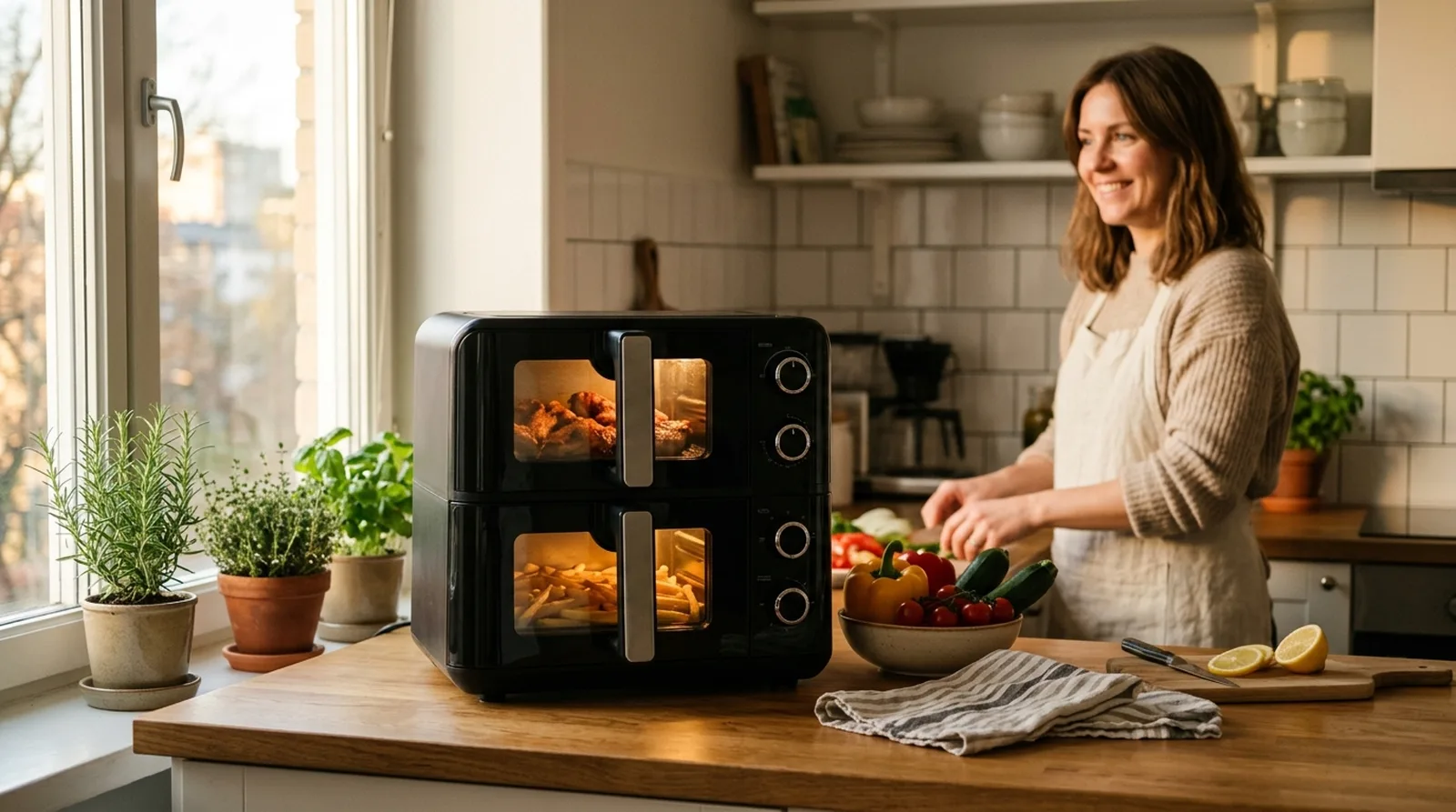 Cosori Turbo Tower Aerogrill mit Doppelkammer in einer modernen Wohnkueche