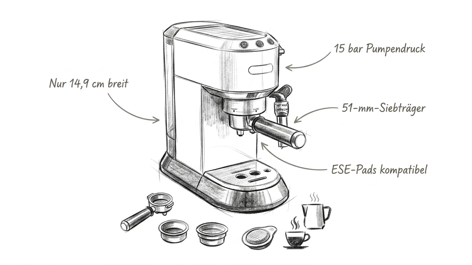 DeLonghi Dedica Style EC685 als Bleistift-Skizze mit den vier wichtigsten Produkt-Highlights