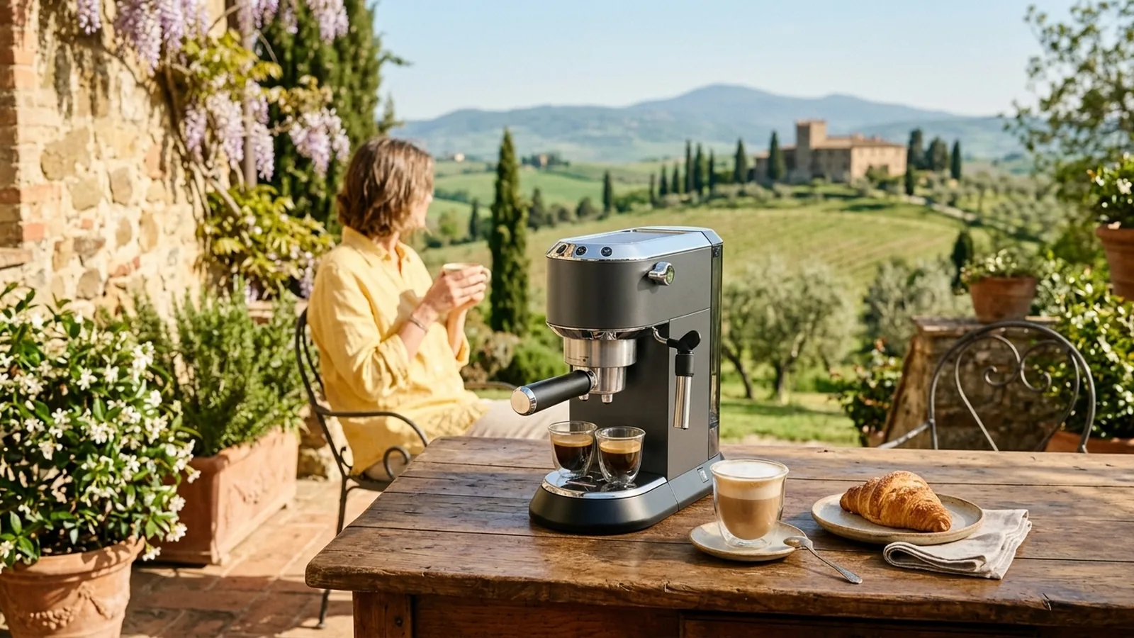 DeLonghi Dedica Style EC685 auf einer toskanischen Bauernhof-Terrasse mit Blick auf Zypressen