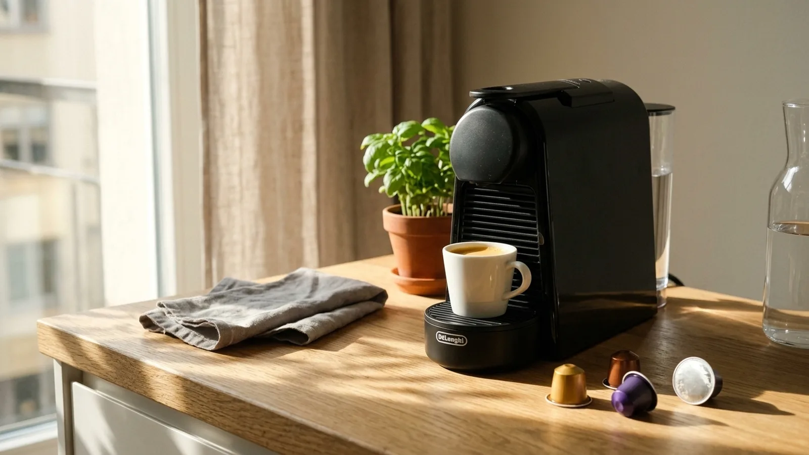 De'Longhi Nespresso Essenza Mini Kapselmaschine auf Eichenholz-Counter mit Espressotasse und Nespresso-Kapseln im Morgenlicht
