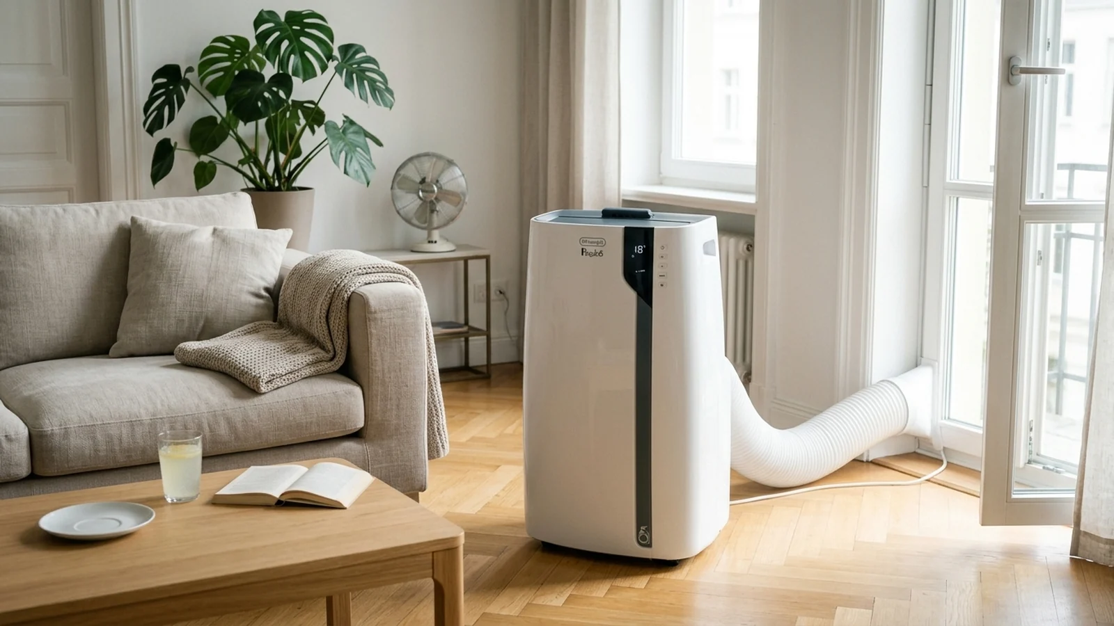 DeLonghi Pinguino PAC EX105 mobiles Klimagerät in einem modernen Berliner Wohnzimmer mit Abluftschlauch zur Balkontür — Sommer-Nachmittagslicht
