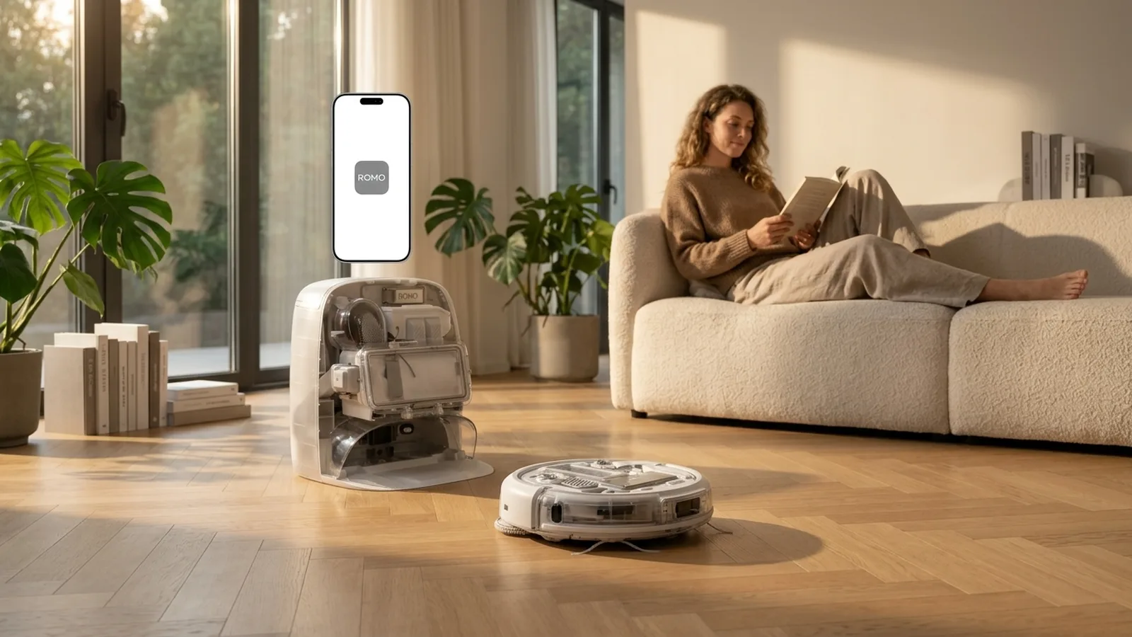 DJI Romo P transparenter Saugroboter mit Selbstreinigungsstation in modernem Wohnzimmer mit Frau auf Sofa