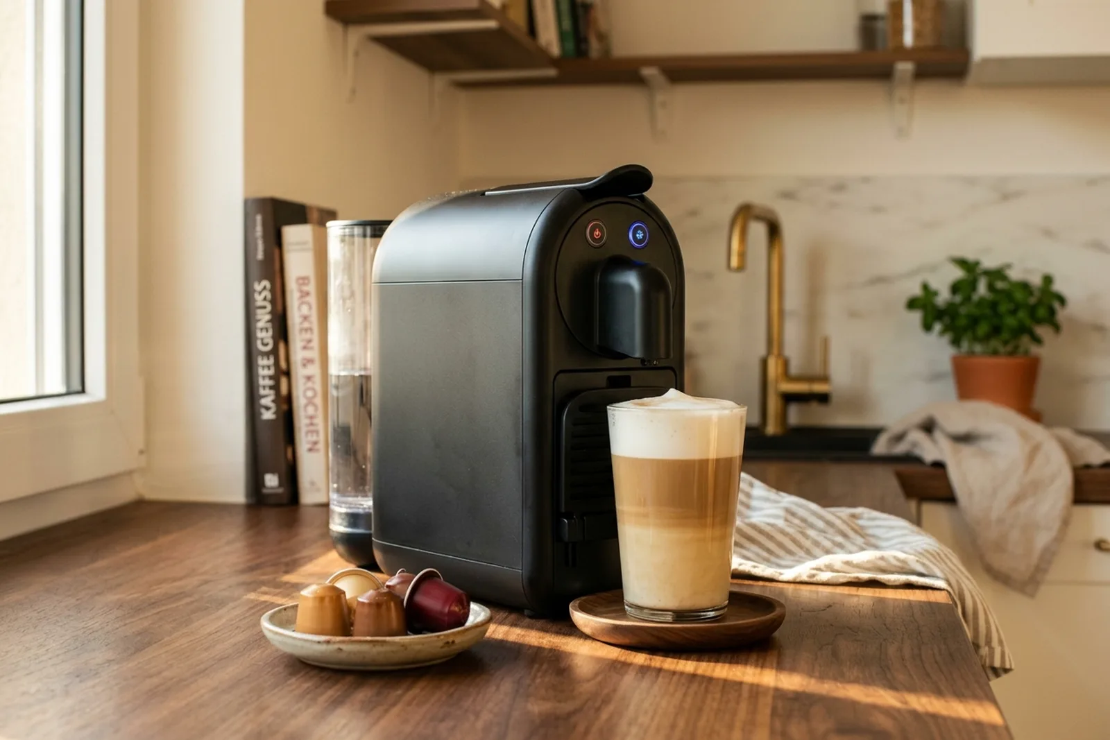 Dolce Gusto Genio S Kapselmaschine in einer warmen Küche mit Latte Macchiato und Kapseln
