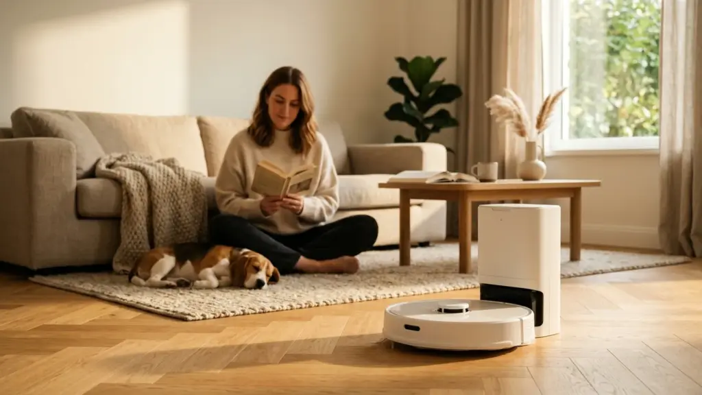 Dreame D10 Plus Gen 2 Saugroboter mit Absaugstation auf hellem Parkett im Wohnzimmer mit Hund und Frau