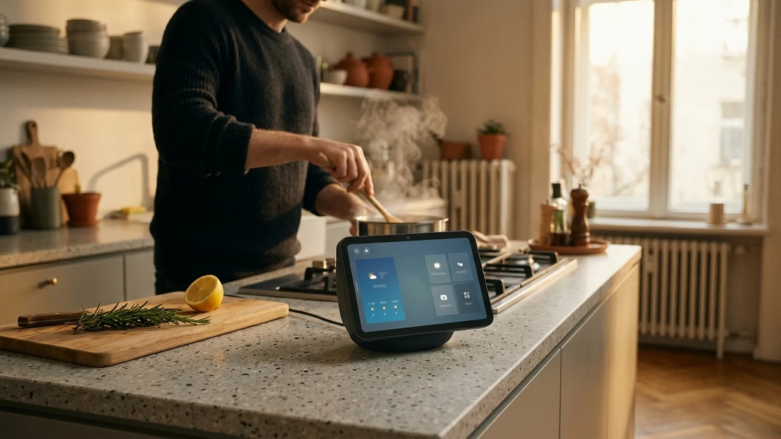 Amazon Echo Show 8 als Smart Home Zentrale in einer Berliner Altbau-Küche im warmen Spätnachmittagslicht