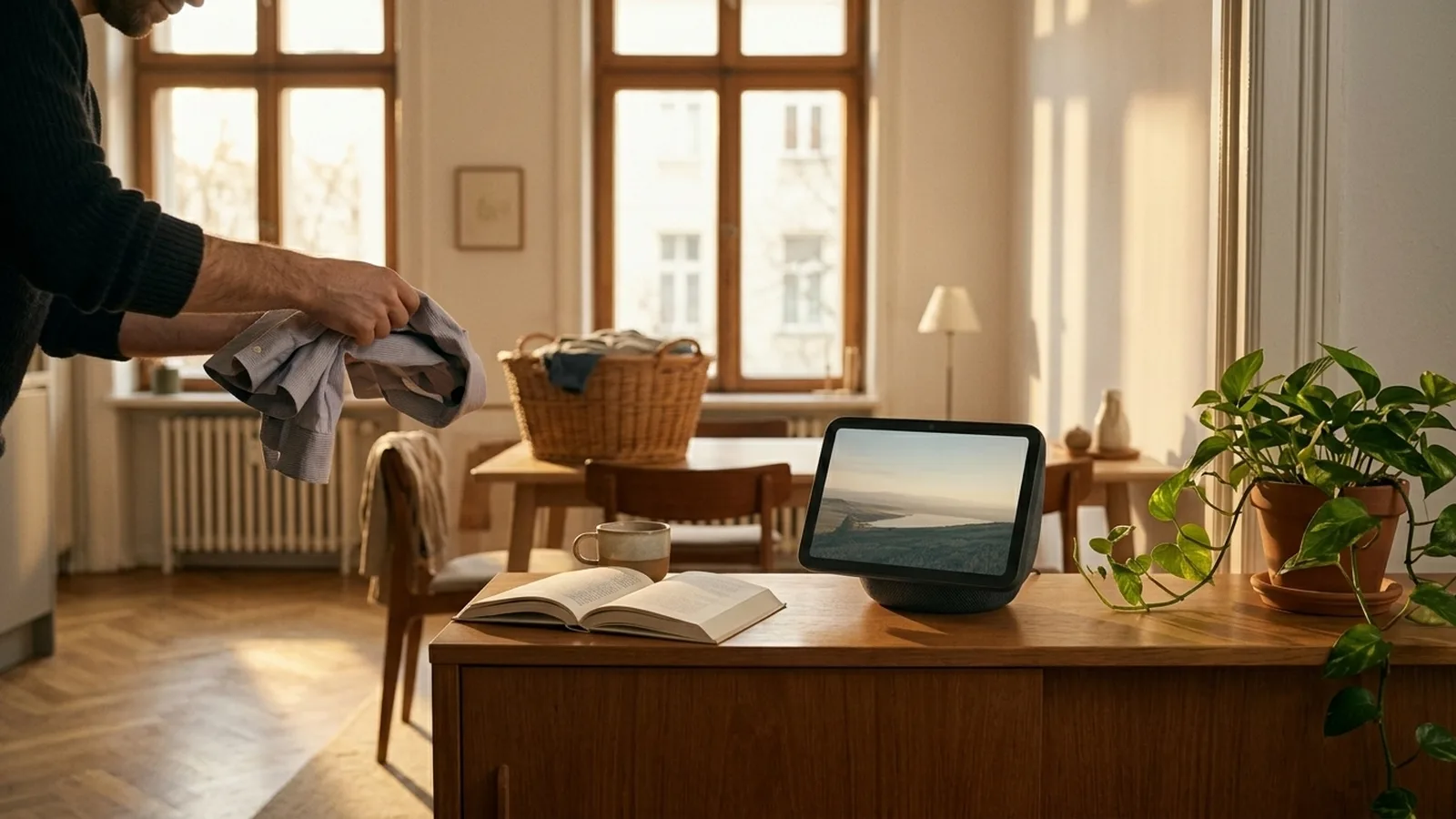 Amazon Echo Show 8 auf einem Sideboard im Wohnzimmer einer Berliner Altbau-Wohnung mit warmem Spätnachmittagslicht