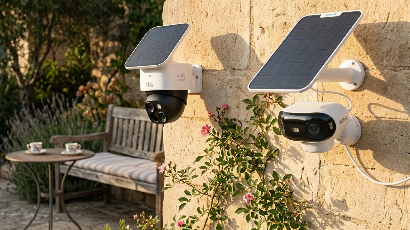 Eufy SoloCam S340 und Reolink Argus 4 Pro nebeneinander an mediterraner Steinwand mit Rosen und Bistro-Setting — direkter Vergleich