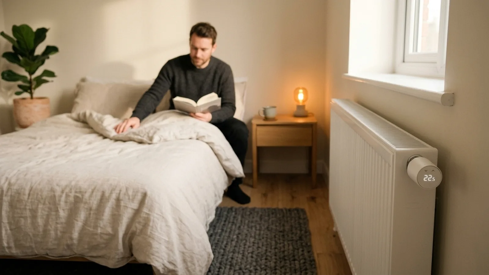 Eve Thermo der 5. Generation an einem Heizkörper im warmen Schlafzimmer mit Buch lesendem Mann