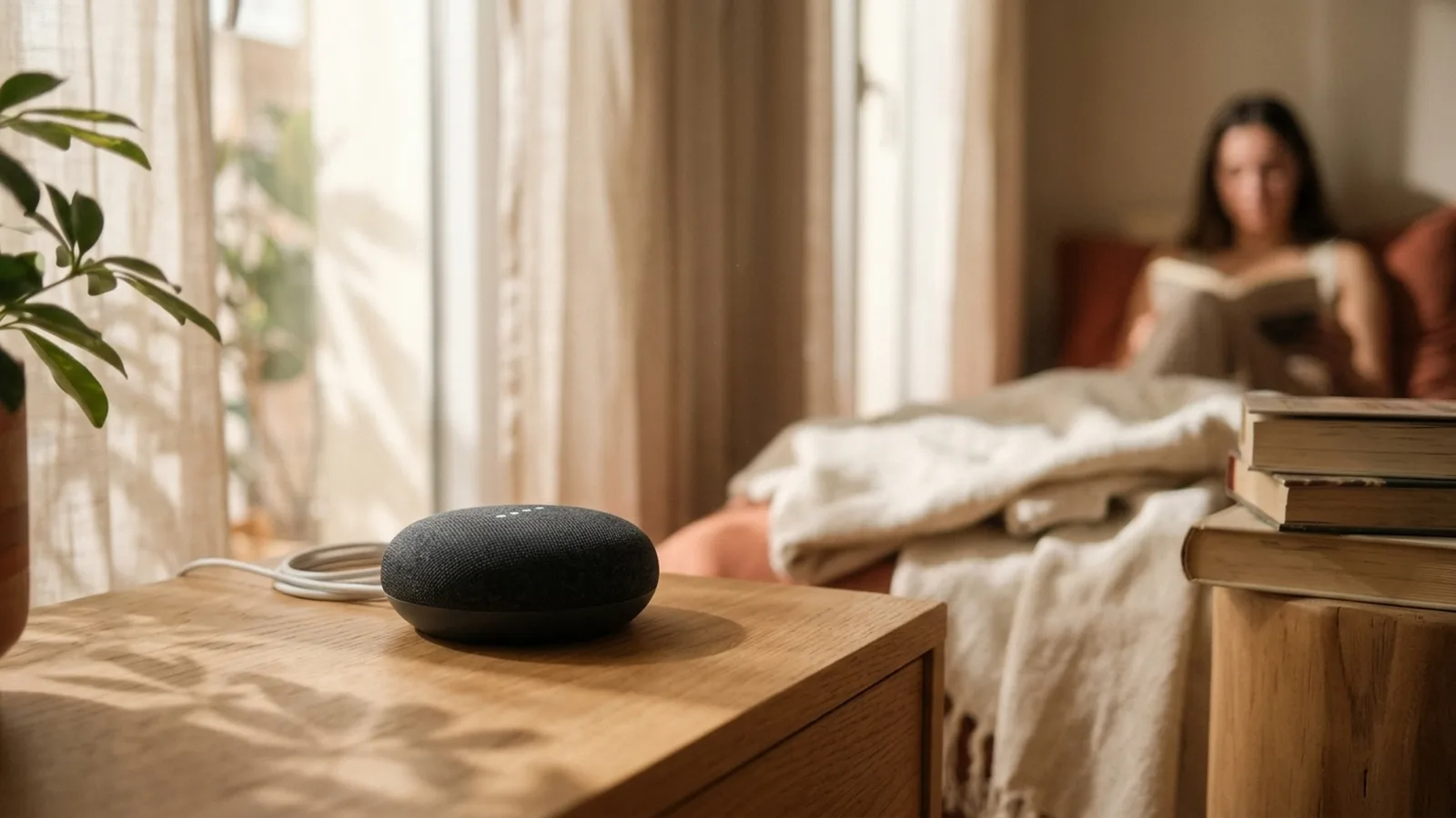 Google Nest Mini 2 in Anthrazit auf einem Holznachttisch im warmen Spätlicht