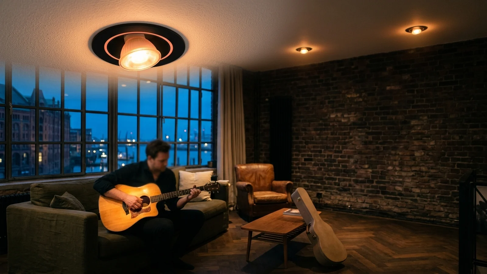Govee GU10 LED RGB in einem Hamburger Loft, Person spielt Akustik-Gitarre im warmen Licht