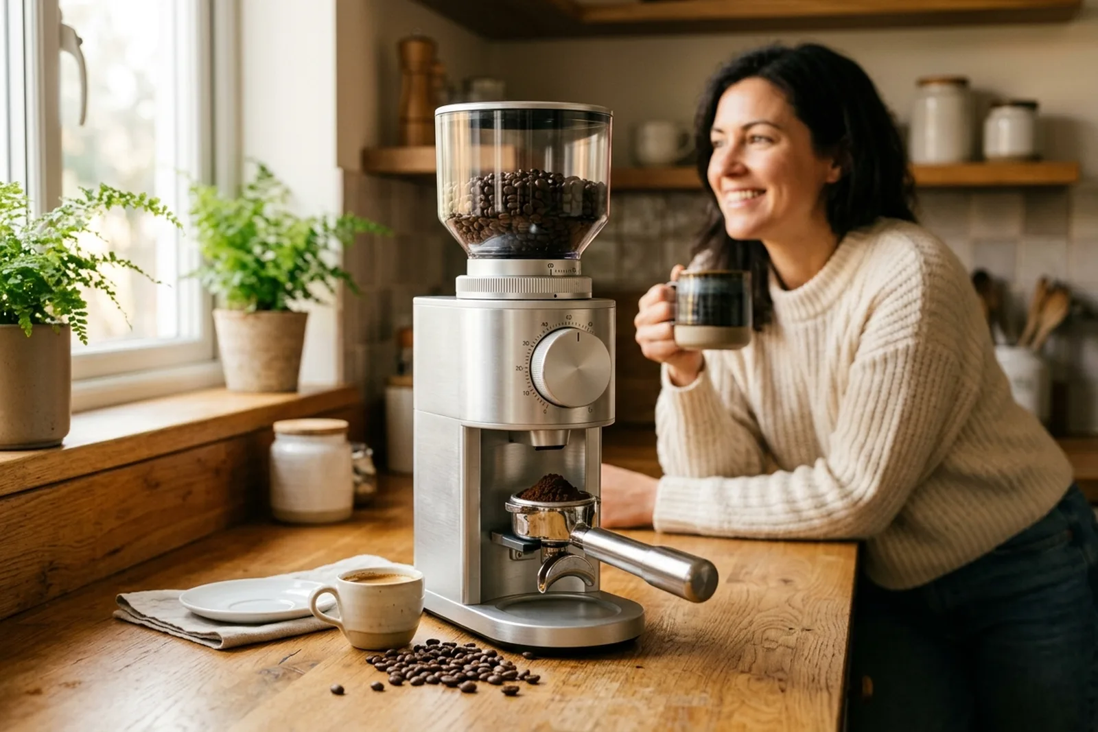 Graef CM 800 Kaffeemühle aus Aluminium auf warmem Eichenholz mit frisch gemahlenem Espresso und Sonnenlicht durchs Küchenfenster