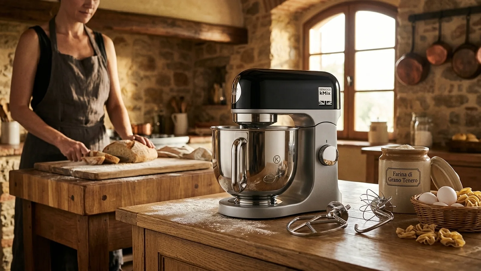 Kenwood kMix KMX750BK Kuechenmaschine in toskanischer Steinkueche mit Brot und Eiern im warmen Spaetnachmittagslicht