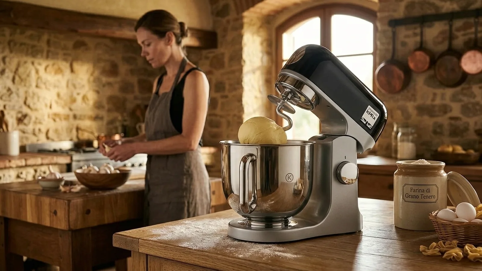 Kenwood kMix knetet Brotteig mit Knethaken in derselben toskanischen Steinkueche