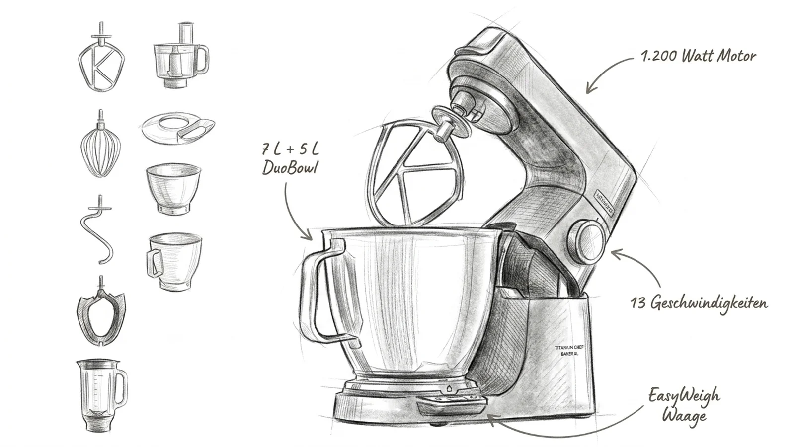Kenwood Titanium Chef Baker XL als Bleistift-Skizze mit den vier wichtigsten Produkt-Highlights