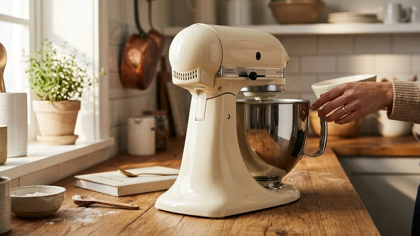 KitchenAid Artisan Küchenmaschine in Creme auf einer warmen Holz-Arbeitsplatte in einer skandinavisch gestalteten Küche