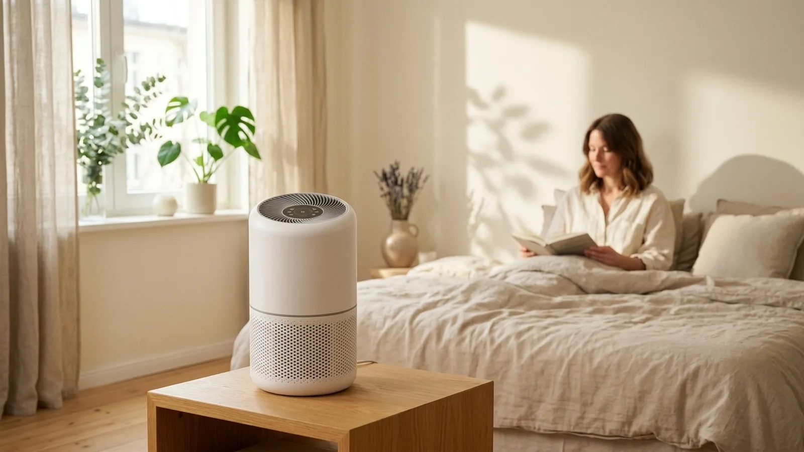 Levoit Core 300S Luftreiniger im skandinavischen Schlafzimmer mit Frühlingslicht durchs Fenster — Test 2026 heimvorteil24