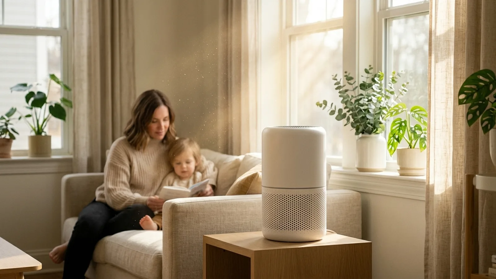 Luftreiniger für Allergiker im Wohnzimmer mit sichtbaren Pollen im Sonnenlicht – Test 2026 heimvorteil24