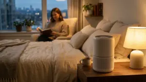 Leiser Luftreiniger auf Nachttisch im warm beleuchteten Schlafzimmer am Abend – Test 2026 heimvorteil24