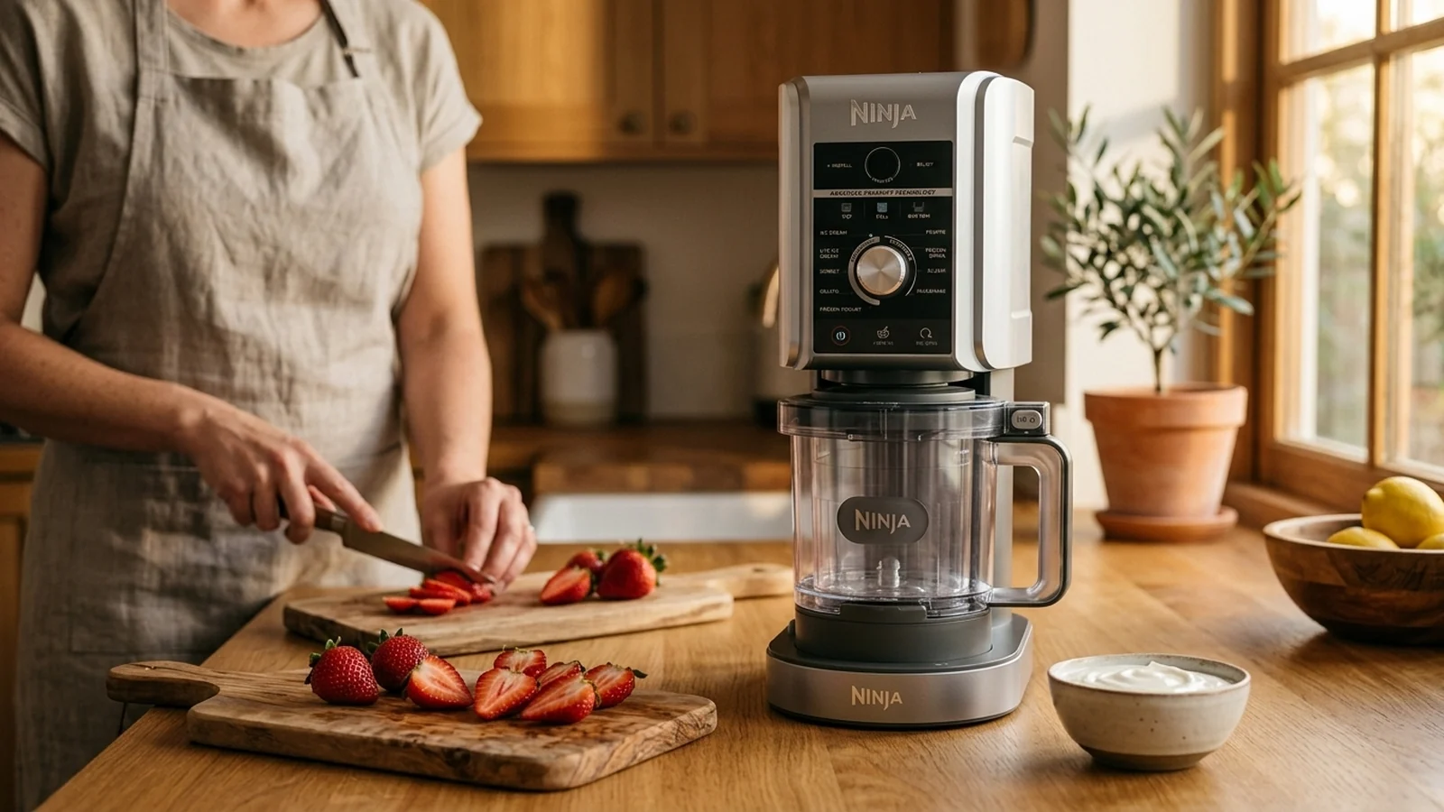 Ninja Creami Deluxe NC502EU Eismaschine auf einer warmen Holzküchen-Theke mit frischen Erdbeeren — Familienküche im Spätsommer-Nachmittagslicht