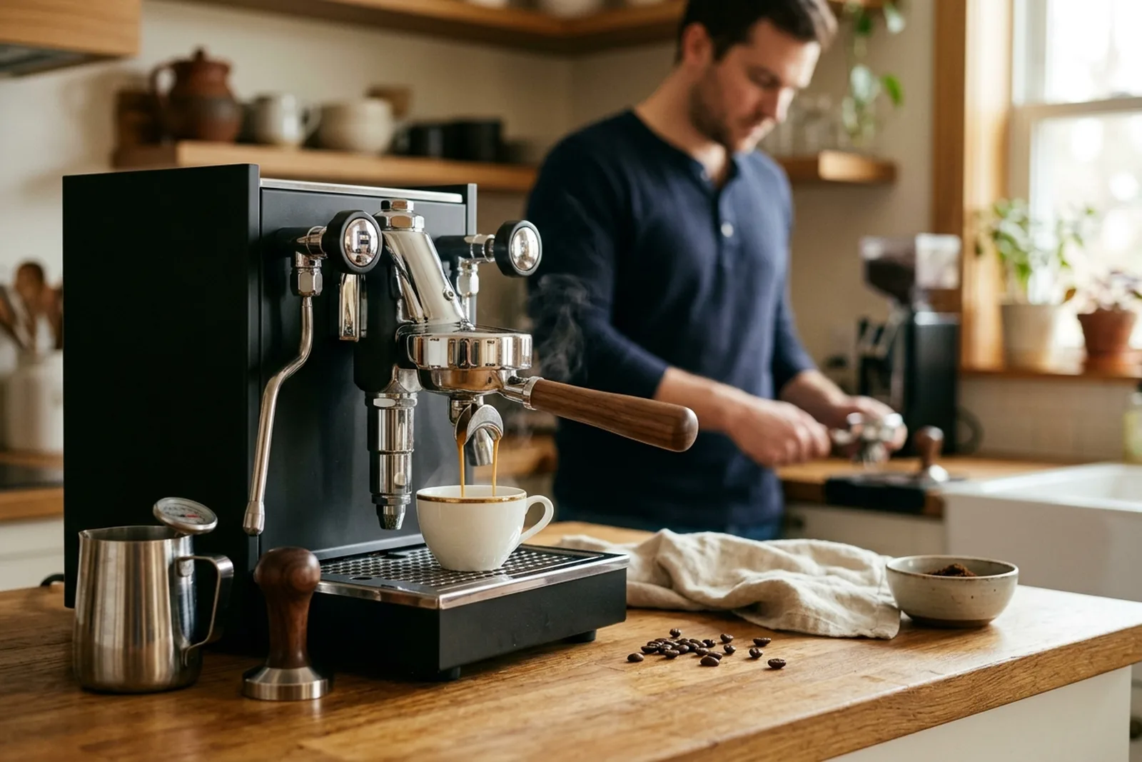 Rancilio Silvia Siebträgermaschine in matter Optik auf Eichenholz, Espresso läuft mit goldener Crema in die Tasse, warmes Morgenlicht von rechts