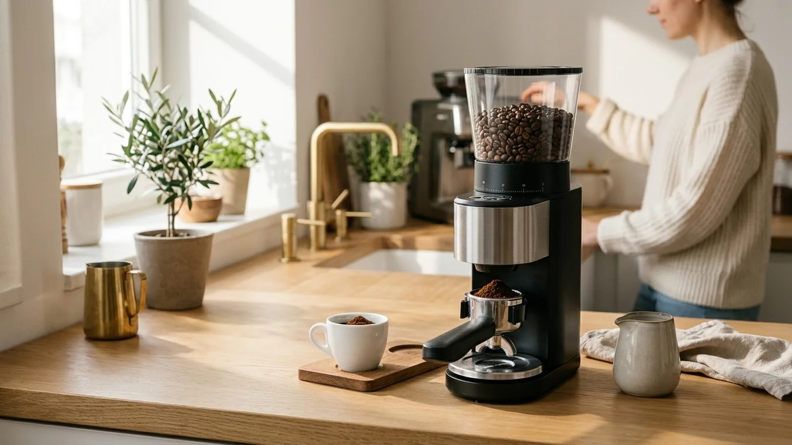 Rommelsbacher EKM 500 Kaffeemühle auf Eichenholz-Theke mit Siebträger und Bohnen
