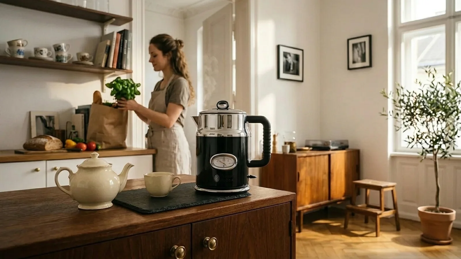 Russell Hobbs Retro Wasserkocher mit weisser Teekanne in derselben Berliner Altbau-Küche während der Morgenroutine