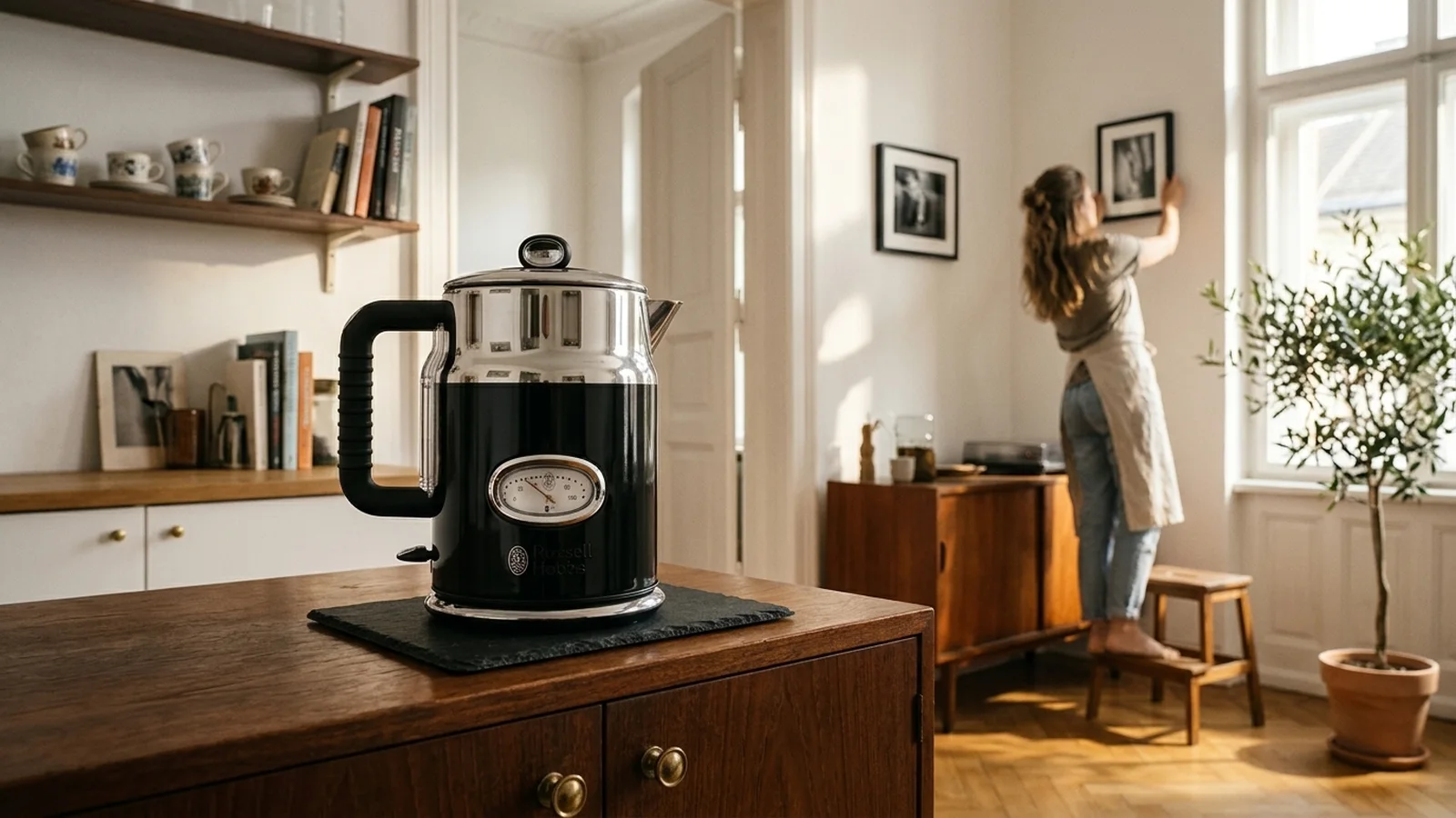 Russell Hobbs Retro Wasserkocher 21671-70 in schwarzer Berliner Altbau-Küche mit warmem Mittagslicht