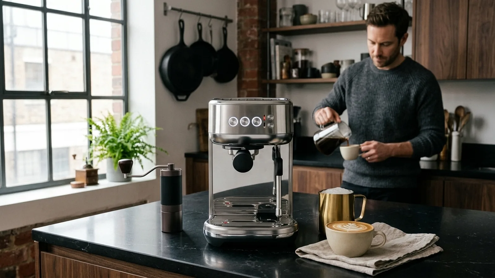 Sage Bambino Plus mit Latte-Art-Tasse in moderner Industrial-Loft-Küche am Morgen