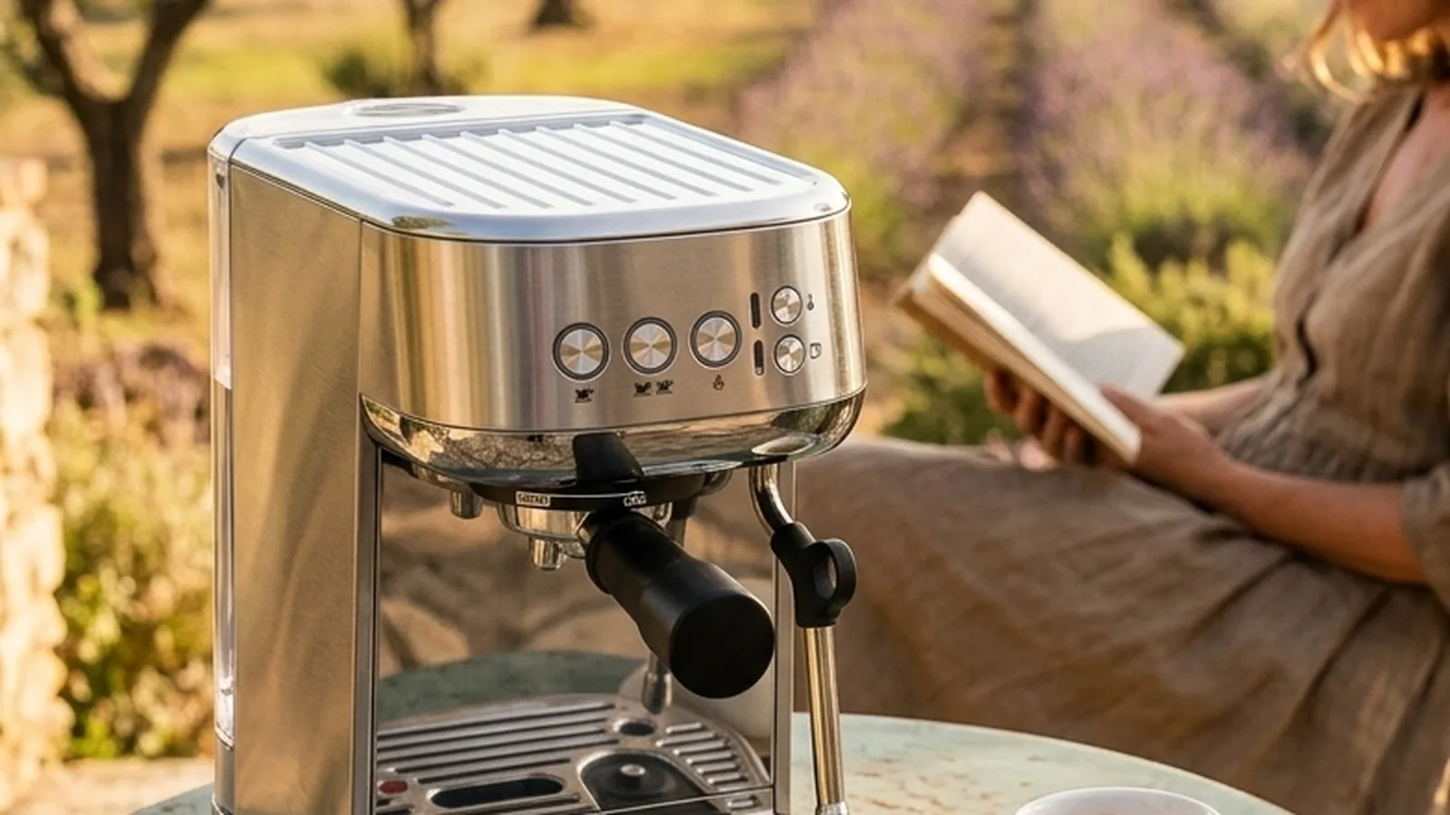 Sage Bambino Plus Espressomaschine auf einer Provence-Terrasse mit Olivenhain im Hintergrund