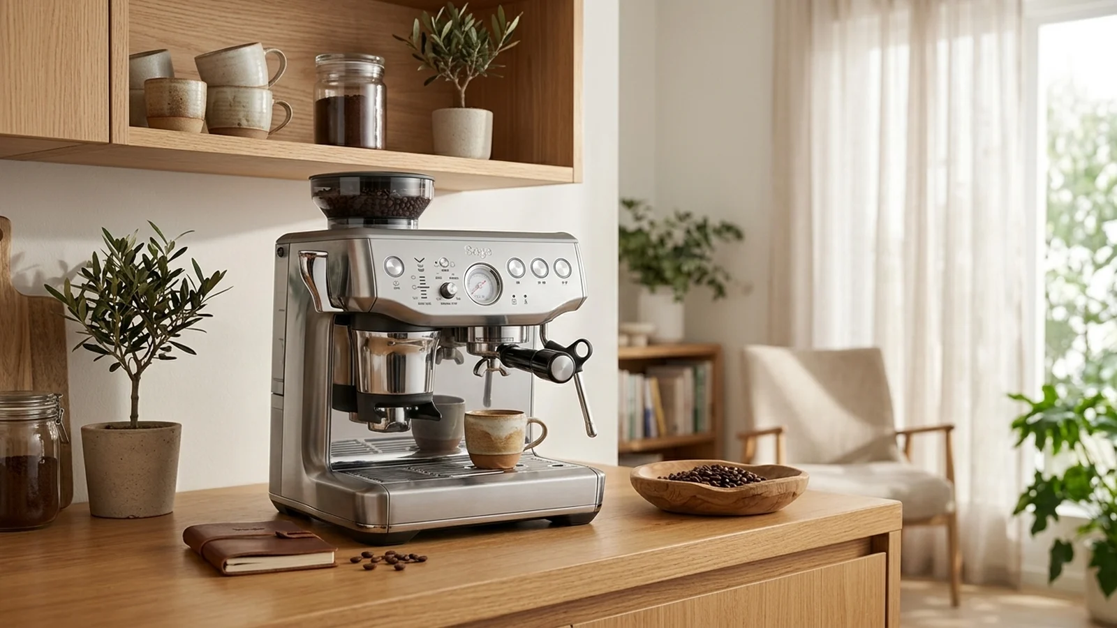 Sage Barista Express Impress in einer Skandi-Küche im warmen Morgenlicht