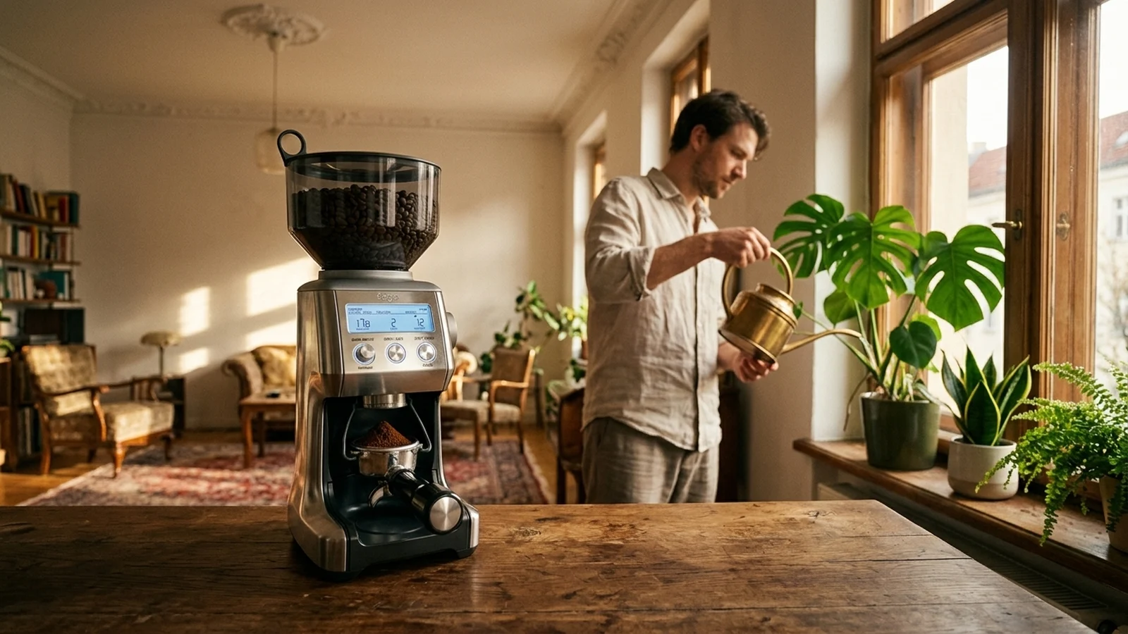 Sage Smart Grinder Pro in einer Berliner Altbau-Küche im warmen Nachmittagslicht