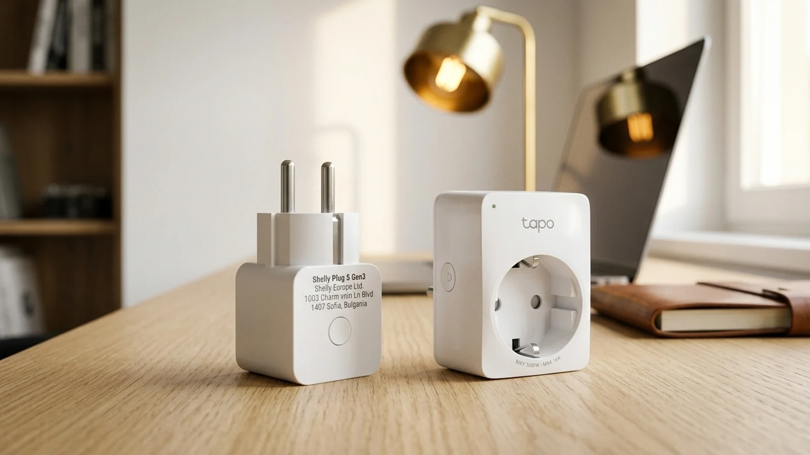 Shelly Plug S Gen3 und TP-Link Tapo P110M Matter Smart-Steckdosen nebeneinander auf Eichen-Schreibtisch — direkter Vergleich
