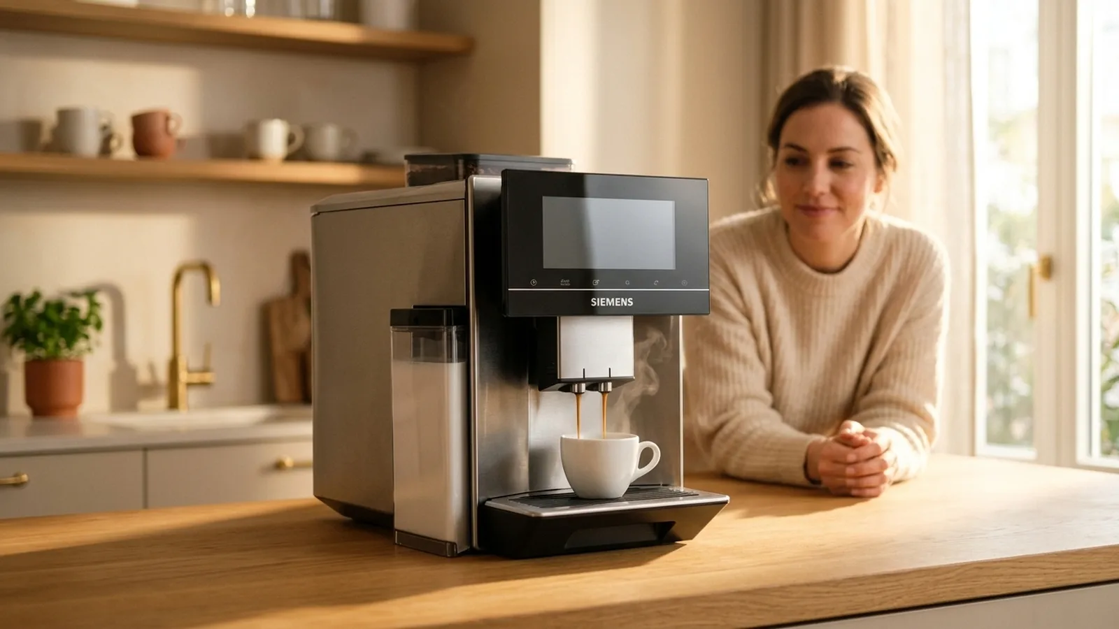 Siemens EQ900 TQ905D03 in Edelstahl brüht Espresso, Frau wartet entspannt im Hintergrund