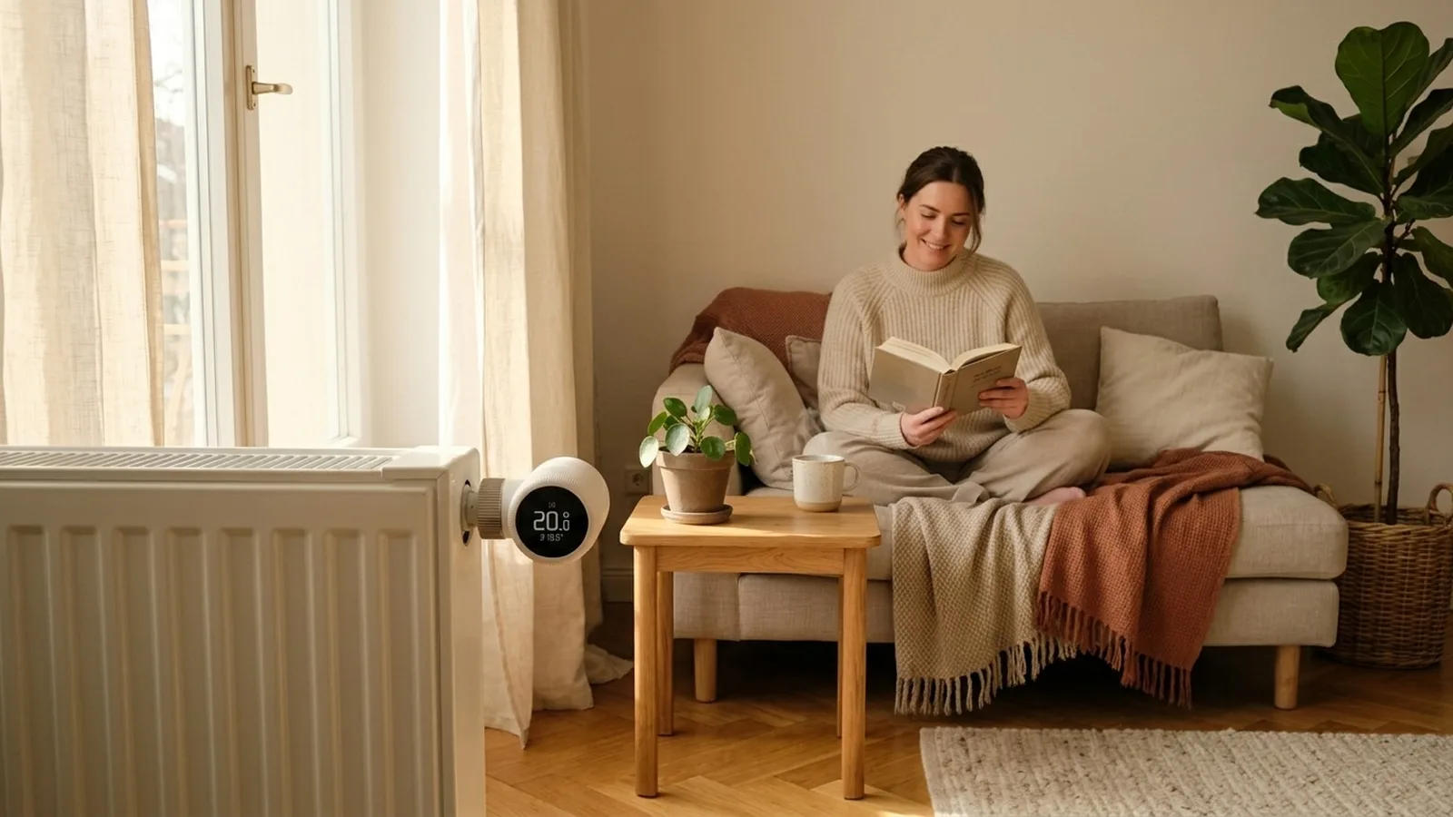 Tado° X Heizkörperthermostat korrekt am Flachheizkörper montiert mit Display nach vorne, Frau liest entspannt im warmen Wohnzimmer