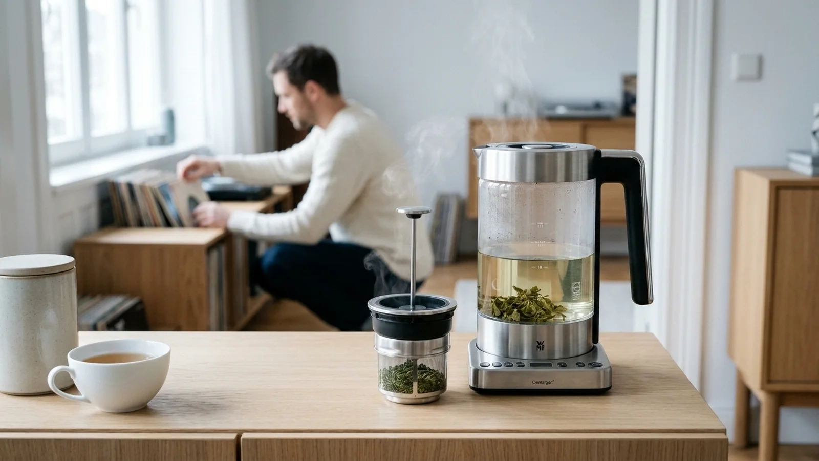 WMF Lono 2in1 Glas-Wasserkocher mit Teesieb im skandinavischen Apartment mit morgendlichem Tee