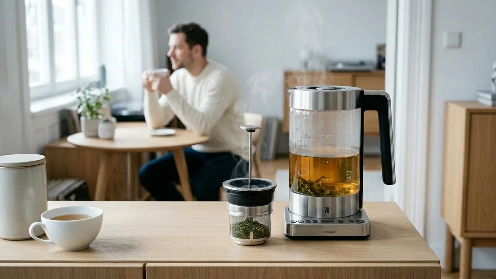 WMF Lono Glas-Teekocher mit fertig gezogenem Grüntee am Esstisch in skandinavischem Apartment