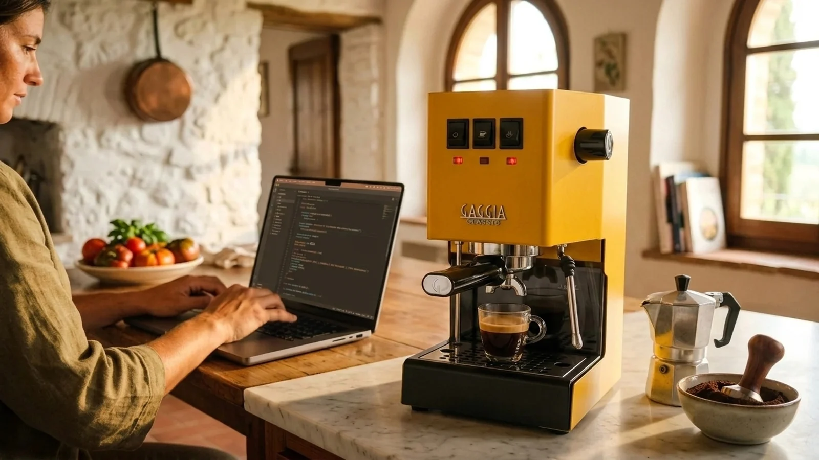Gaggia Classic Evo E24 sonnen-gelbe Espressomaschine in toskanischer Steinküche mit Espresso-Tasse, Moka-Pot und gemahlenem Kaffee — Vormittagslicht