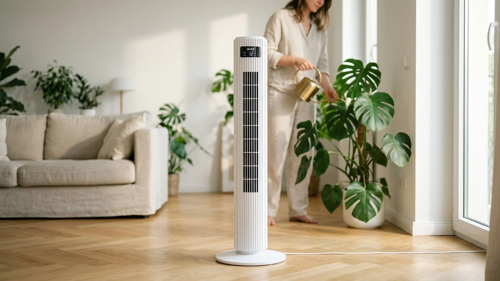 Levoit Turmventilator 106 cm im hellen Skandinavischen Wohnzimmer, leiser DC-Motor Säulenventilator